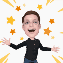 a cartoon of a man wearing glasses and a black shirt with his arms outstretched