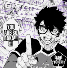 a black and white drawing of a boy giving the middle finger and saying " you are so baka "