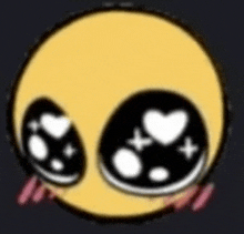 a yellow smiley face with hearts in its eyes and a black background .