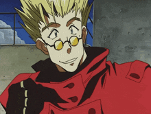a cartoon character wearing glasses and a red jacket smiles