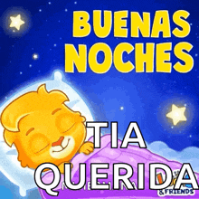 a cartoon of a lion sleeping in a bed with the words buenas noches tia querida written on it .