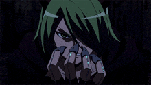 a cartoon character with green hair is holding something in her hands