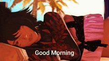 a cartoon of a woman laying down with the words " good morning " written below her