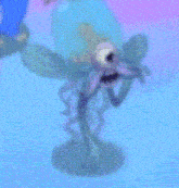a close up of a cartoon character with one eye