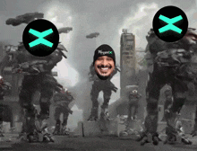 a man wearing a beanie with the word x on it stands in front of a group of soldiers