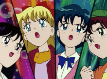 a group of four anime girls are standing next to each other with their mouths open