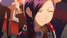 a girl with purple hair is wearing a blue and red kimono and smiling