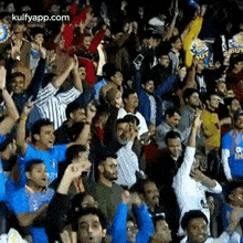 a crowd of people are standing in a stadium watching a game and cheering .