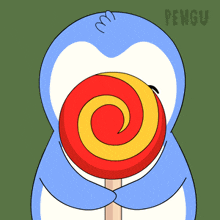 a penguin is holding a lollipop with a yellow and red swirl in its mouth