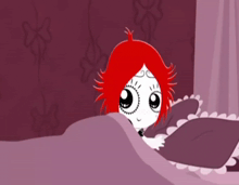 a girl with red hair is sleeping in a bed