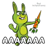 a cartoon of a green rabbit holding a carrot with the words " bad intentions " behind it