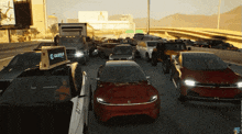 a busy highway with cars and trucks and a bus that says ' g ' on the top of it