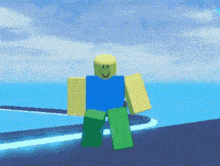 a roblox character in a blue shirt and green pants is standing in front of a body of water