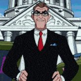 a man in a suit and tie is standing in front of a building with his hands on his hips