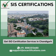 an advertisement for sis certifications in chandigarh with a picture of a city