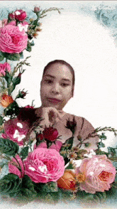 a picture of a woman surrounded by pink flowers with the caption capcut