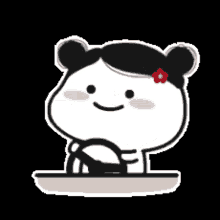 a cartoon girl with a flower in her hair is holding a steering wheel and smiling .