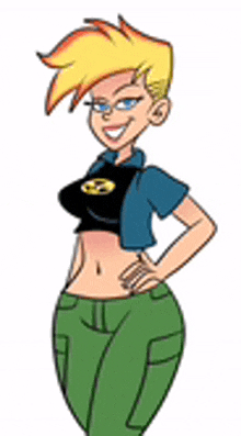 a cartoon character is standing with her hands on her hips . she is wearing a crop top and green pants .
