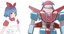 a girl with blue hair and a red headband stands next to a robot