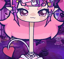 a cartoon drawing of a girl with a long neck and pink hair