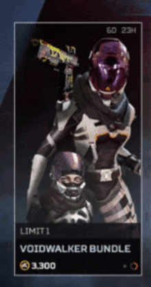 a video game called voidwalker bundle has a purple helmet on