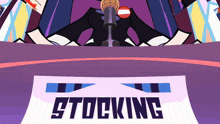 a purple background with the word stocking in black letters