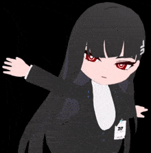 a girl with long black hair and red eyes is wearing a badge with the number 77