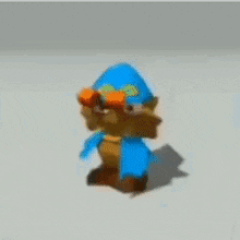 a cartoon character wearing a blue hat and a blue dress is walking across a white surface .