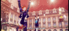 a cartoon character is standing in front of a building with his arms in the air