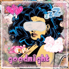 a cartoon of a woman wearing sleeping masks with the words goodnight written below her
