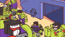 a cartoon drawing of a group of transformers standing in a room
