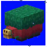 a pixel art of a red and green block with a pig 's head on a blue background .