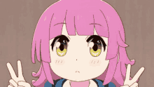 a cartoon girl with pink hair and yellow eyes giving a peace sign