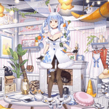 a girl in a white bunny costume is standing in a room with a sign that says carrots