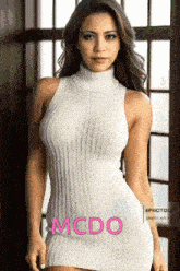 a woman in a white sweater dress with the word mcdo on the bottom right