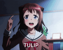 a girl in a school uniform is pointing up and the word tulip is visible behind her