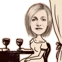 a black and white drawing of a woman sitting at a table holding two wine glasses