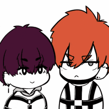 a black and white drawing of two anime characters one with purple hair and the other with red hair