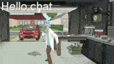 a cartoon of rick and morty standing in a garage with the words hello chat above him