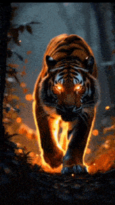 a tiger with glowing eyes is walking through a forest .