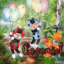 a picture of two ladybugs holding balloons with the name cocomiel on the bottom