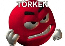 a red smiley face with an angry face and the word torken on it .