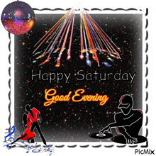 a happy saturday good evening greeting card with a disco ball in the background
