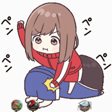 a girl in a red jacket is kneeling on a person 's lap