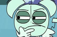 a cartoon character is making a silly face with his finger in his mouth