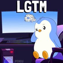 a penguin sitting in front of a computer with the words lgtm written above it