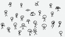 a stick figure with a sad face is surrounded by many stick figures