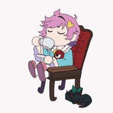 a cartoon of a girl with pink hair drinking from a cup