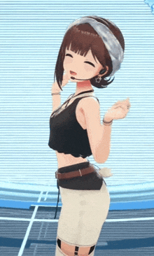 a girl in a crop top and shorts is wearing a headband .