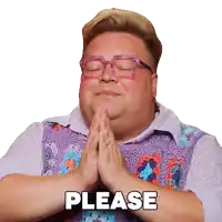 a man wearing glasses and a purple vest is praying with the word please written on the bottom